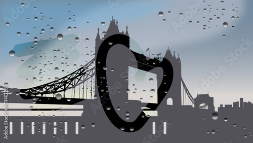 Inscription Heart On The Sweaty car Glass, London Tower Bridge landscape, flat color illustration