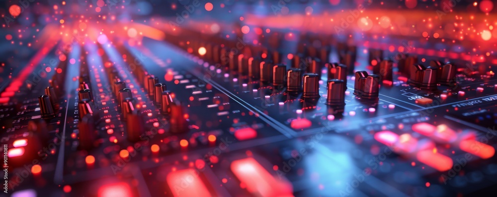 Obraz premium A vibrant digital sound mixer with glowing lights, showcasing technology and audio equipment in an electrifying modern setup.