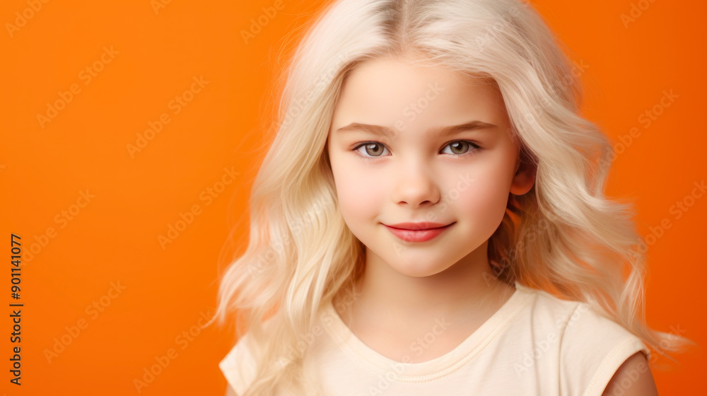 Portrait of a chic cute beautiful blonde child girl with long white hair and perfect skin, orange background, banner. Portrait of a chic cute beautiful blonde child girl with long white hair and perfect skin, orange background, banner.