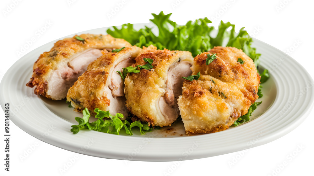 Crispy Breaded Chicken Served on Fresh Green Lettuce Garnish in a Restaurant Setting Crispy Breaded Chicken Served on Fresh Green Lettuce Garnish in a Restaurant Setting