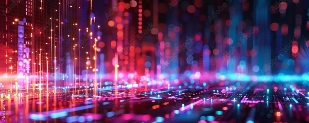 Colorful abstract digital background with vibrant neon lights and dynamic glowing lines creating a futuristic technology landscape. Colorful abstract digital background with vibrant neon lights and dynamic glowing lines creating a futuristic technology landscape.