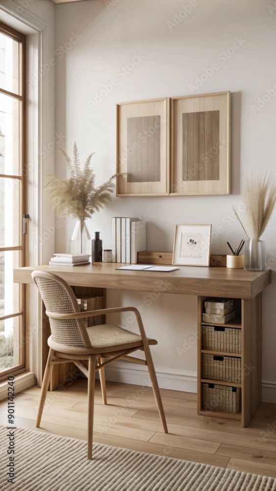 Fototapeta premium The image depicts a minimalist workspace featuring a wooden desk with tapered legs and a textured front panel.