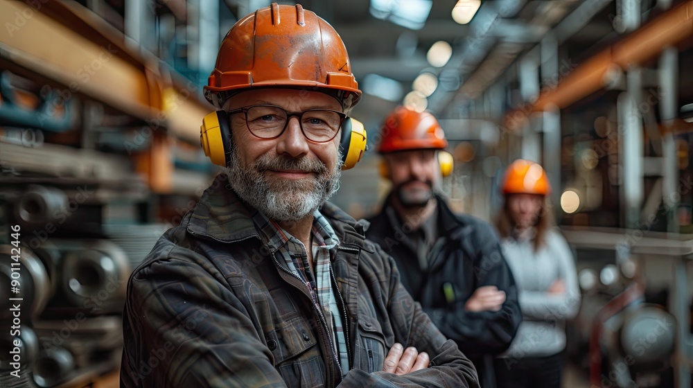 workers standing in front, one wearing an orange helmet and yellow ear protection on his head workers standing in front, one wearing an orange helmet and yellow ear protection on his head