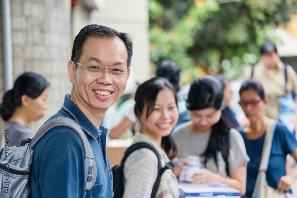 Portrait of an Asian philanthropist with volunteers at a donation drive, Generative AI Portrait of an Asian philanthropist with volunteers at a donation drive, Generative AI
