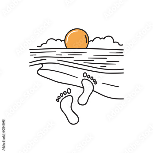 Simple drawing of footprints leading to the beach water