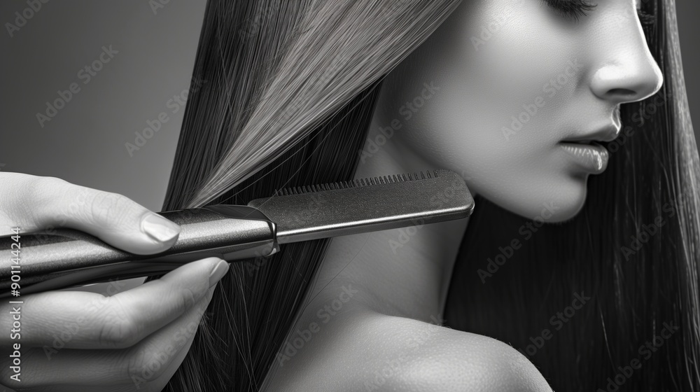 Obraz premium Stylist using a flat iron on long, sleek hair, emphasizing the shine and smoothness achieved through professional styling