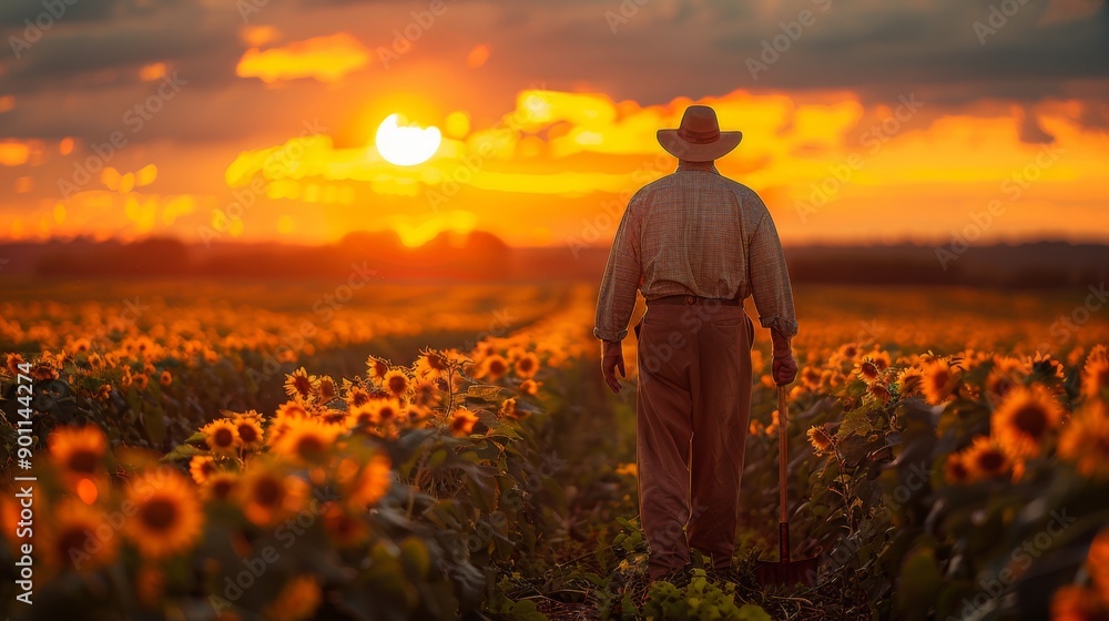 Farmer Walking with a Hoe in the Middle of a Field During a Beautiful Sunset Farmer Walking with a Hoe in the Middle of a Field During a Beautiful Sunset