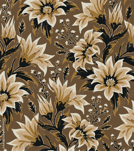 Big flowers pattern, upscale floral pattern. graphical textures floral, trendy colors pattern , flowers background with leaves. vector illustration.