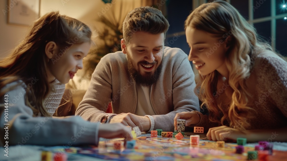 Fototapeta premium Family playing board games around the dining table on a cozy evening