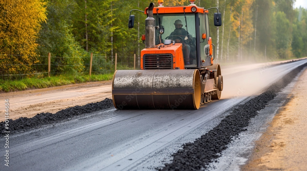Heavy rollers compacting new asphalt on a freshly paved road Heavy rollers compacting new asphalt on a freshly paved road