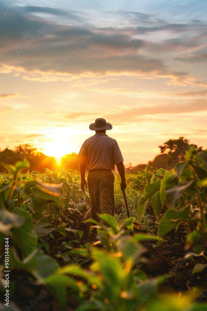 Fototapeta premium Farmer Walking with a Hoe in the Middle of a Field During a Beautiful Sunset