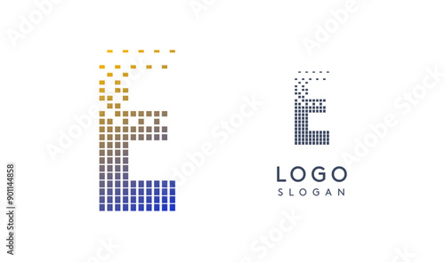 Pixelated Letter E transitioning into scattered pixels with gradient colors creating modern, digital effect like equalizer. Abstract logo for tech software and digital media. Vector illustration.