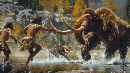 Tribe of primitive humans wearing furs for clothing and brandishing spears of wood and stone, running after a wooly mammoth in the north america 20000 years ago