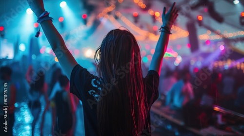 Dancing girl black t-shirt in the rain at defcon open air techno festival photo