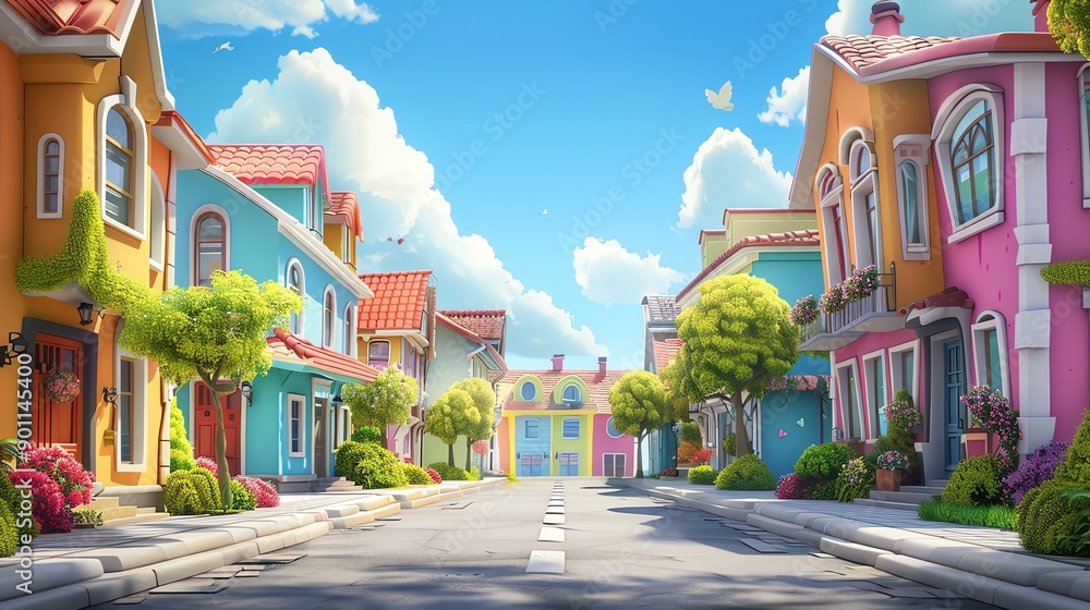 A cartoon rendering of a colorful town street with bright houses, trees and a sunny sky. A cartoon rendering of a colorful town street with bright houses, trees and a sunny sky.