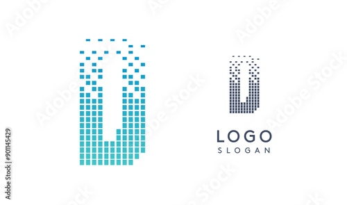 Pixelated Letter D transitioning into scattered pixels with gradient colors creating modern, digital effect like equalizer. Abstract logo for tech software and digital media. Vector illustration.