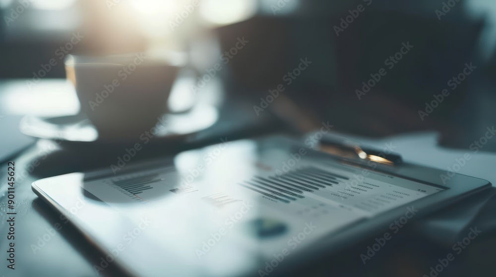 Closeup of a clipboard with a graph and pen, a coffee cup out of focus in the background. Closeup of a clipboard with a graph and pen, a coffee cup out of focus in the background.
