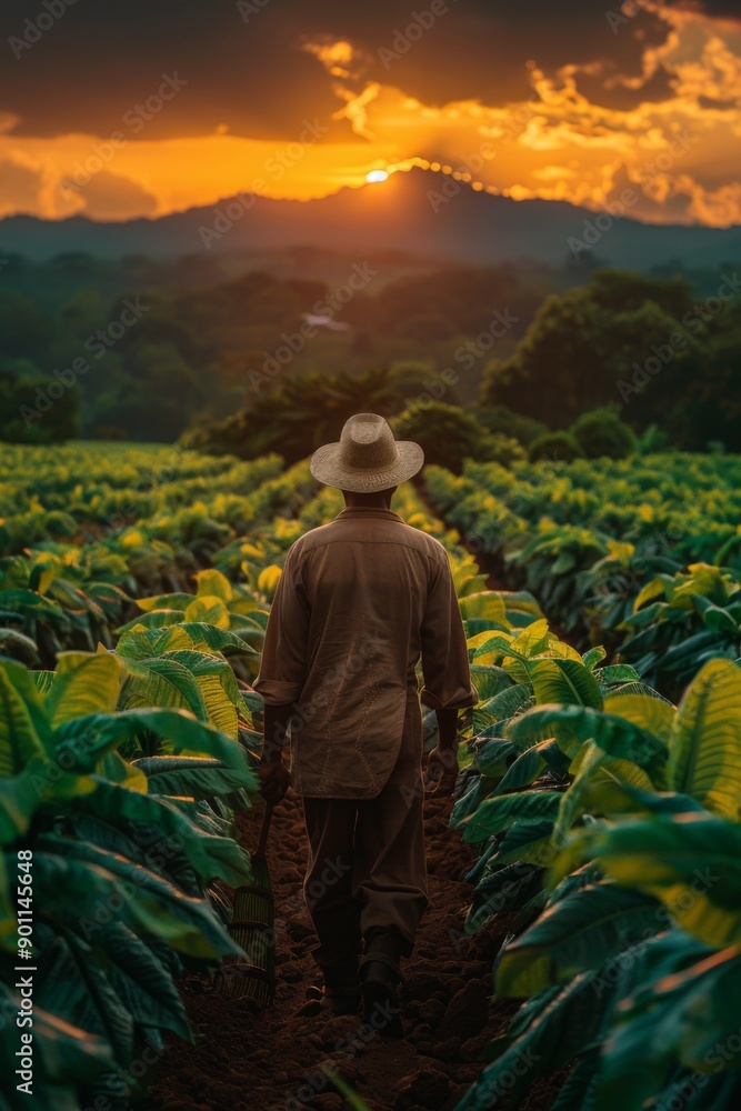 Farmer Walking with a Hoe in the Middle of a Field During a Beautiful Sunset Farmer Walking with a Hoe in the Middle of a Field During a Beautiful Sunset