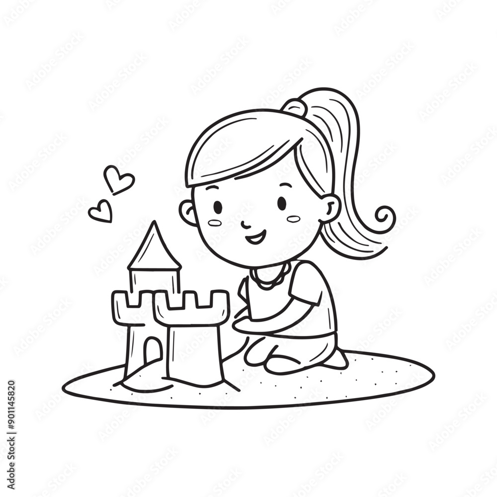 Simple drawing of a girl building a sandcastle Simple drawing of a girl building a sandcastle