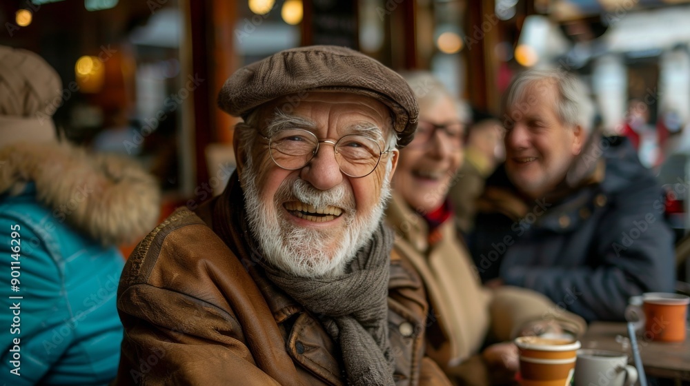 Joyful Photo of an Elderly Person Laughing with Friends at a Café, Capturing Warmth and Happiness in Social Connection Joyful Photo of an Elderly Person Laughing with Friends at a Café, Capturing Warmth and Happiness in Social Connection