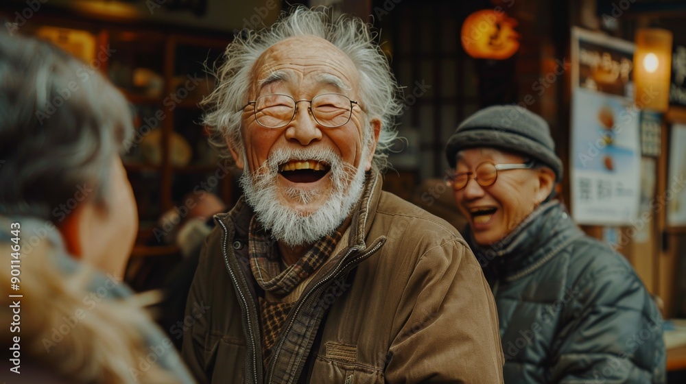 Joyful Photo of an Elderly Person Laughing with Friends at a Café, Capturing Warmth and Happiness in Social Connection Joyful Photo of an Elderly Person Laughing with Friends at a Café, Capturing Warmth and Happiness in Social Connection