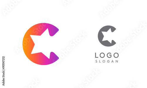 Letter c star, vibrant gradient colored logo for media, entertainment, technology, startup, social networking, communication, digital marketing industries. Vector illustration