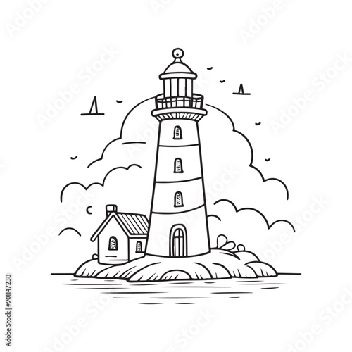 Simple drawing of a lighthouse on the shore