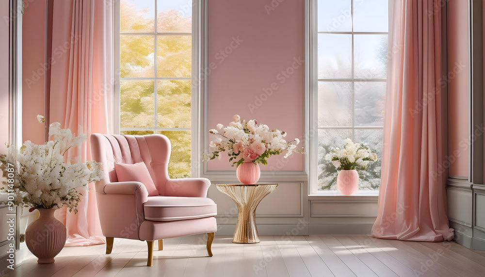 a delightful room interior featuring two large windows, a pink chair, and two vases of flowers, with pastel-colored walls providing a soft background. a delightful room interior featuring two large windows, a pink chair, and two vases of flowers, with pastel-colored walls providing a soft background.