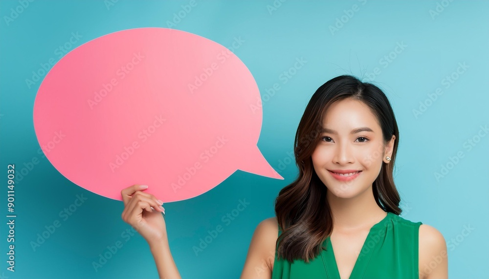 Smiling woman with message bubble, used for communication. Smiling woman with message bubble, used for communication.