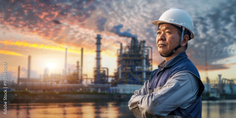 Senior Asian Engineer wearing glasses helmet and safety vest stands in front of an industrial power plant or factory background at the skyline, banner design for the web. Senior Asian Engineer wearing glasses helmet and safety vest stands in front of an industrial power plant or factory background at the skyline, banner design for the web.