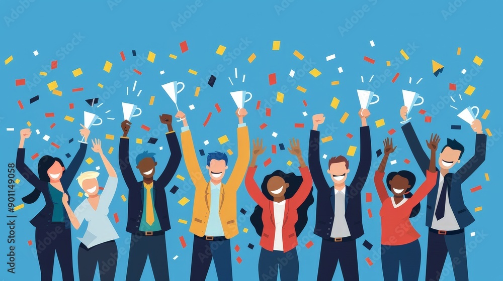 Ecstatic Team Celebrates Success with Joyful Confetti and Trophies Ecstatic Team Celebrates Success with Joyful Confetti and Trophies