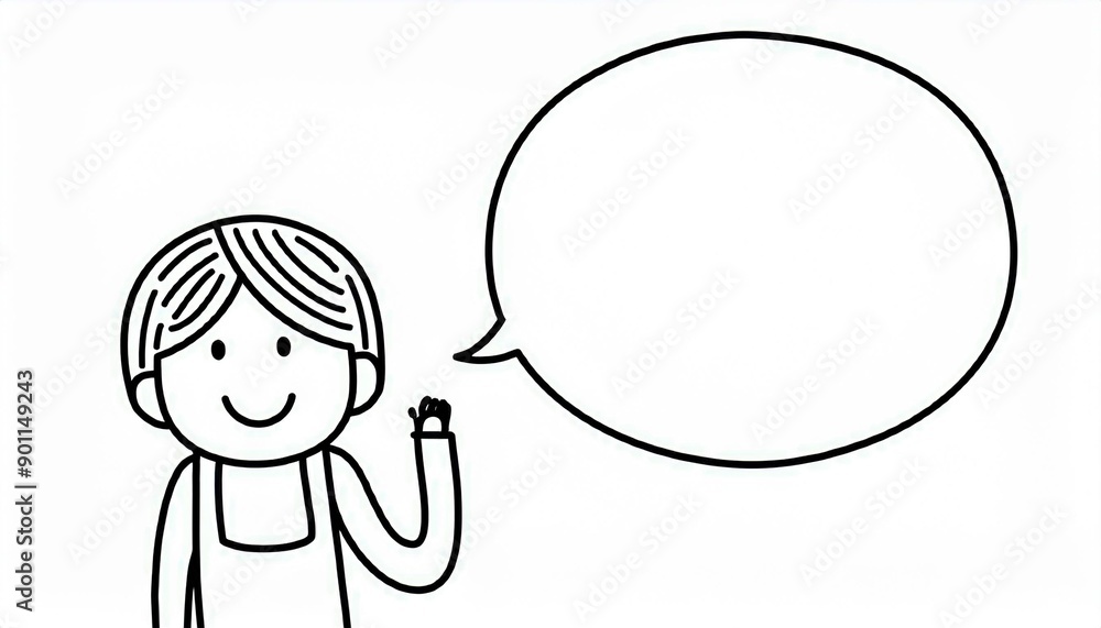 A black-and-white cartoon drawing of a smiling boy raising both index fingers. There is a large speech bubble on the right side of the image for adding text. A black-and-white cartoon drawing of a smiling boy raising both index fingers. There is a large speech bubble on the right side of the image for adding text.