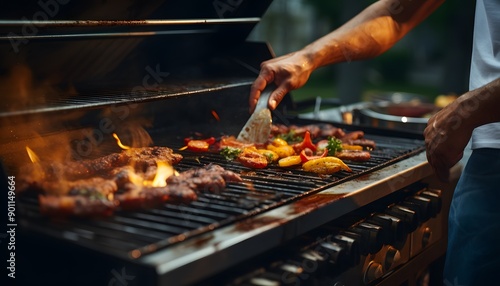 Wallpaper Mural Close up of a person preparing grilled meat steaks on a hot grill. A young man grills food for a barbecue dinner outdoors for his family Torontodigital.ca
