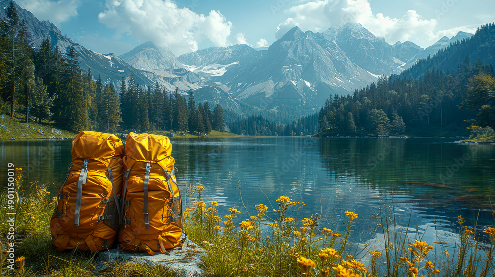 Three orange backpacks sit by a misty forest lake with autumn foliage reflecting on the water. Concept of outdoor adventure and camping Three orange backpacks sit by a misty forest lake with autumn foliage reflecting on the water. Concept of outdoor adventure and camping