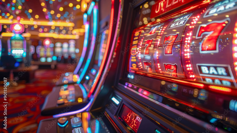 A brightly colored slot machine in a casino with flying chips A brightly colored slot machine in a casino with flying chips