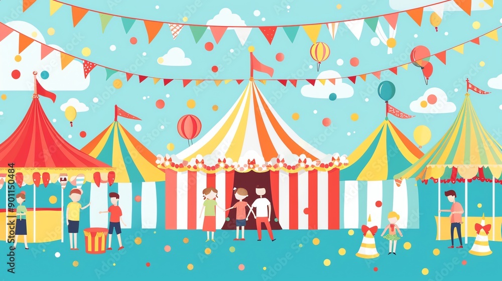 Obraz premium An illustration of a carnival with colorful tents, flags, and people.