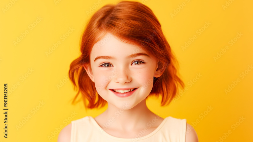 Portrait of a gorgeous cute smiling beautiful baby girl with red hair and perfect skin, yellow background, banner. Portrait of a gorgeous cute smiling beautiful baby girl with red hair and perfect skin, yellow background, banner.