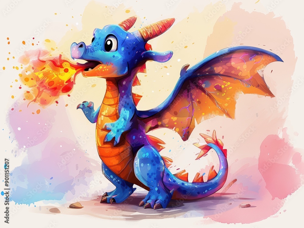 A cartoon dragon breathing fire. Playful and whimsical with bright colors and fantasy elements. Vibrant watercolor illustration. A cartoon dragon breathing fire. Playful and whimsical with bright colors and fantasy elements. Vibrant watercolor illustration.