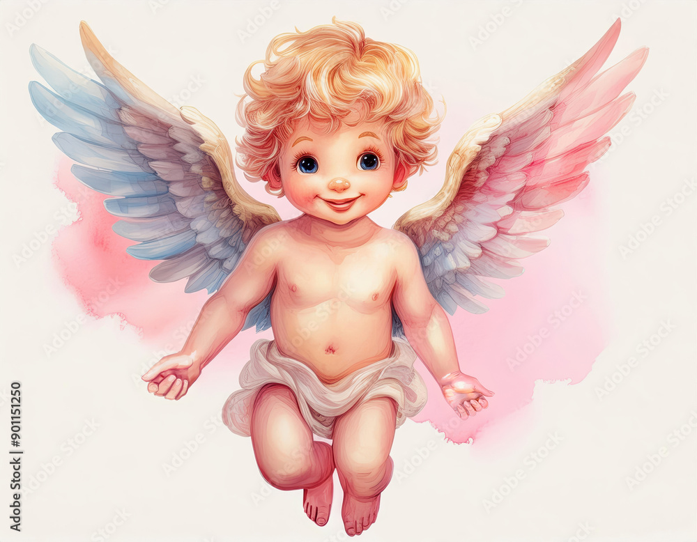 Fototapeta premium A cute Cupid cherub watercolor painting with colorful wings, isolated on a white background, in a whimsical style.