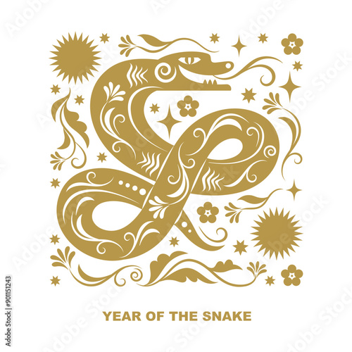 Chinese Happy New Year 2025. Year of the Snake. Symbol of Chinese New Year. One-color Vector illustration, golden color
