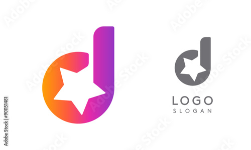 Letter d star, vibrant gradient colored logo for media, entertainment, technology, startup, social networking, communication, digital marketing industries. Vector illustration