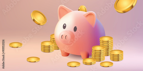 digital finance concept featuring a smartphone, piggy bank, calculator, and gold coins, emphasizing savings and budgeting. The background includes dollar bills and transaction receipts,