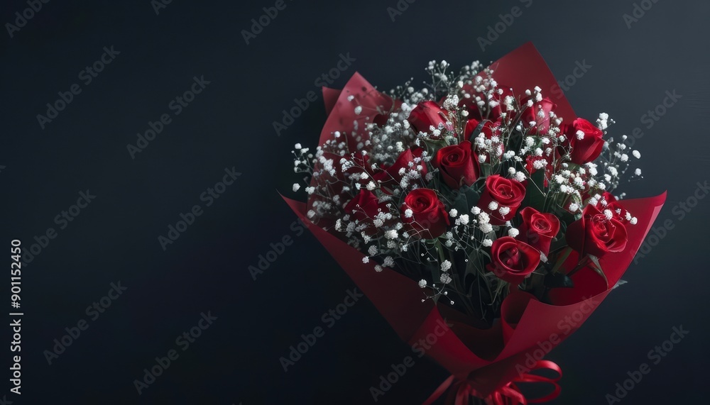 Elegant bouquet of red roses wrapped in red paper on a black background. Elegant bouquet of red roses wrapped in red paper on a black background.