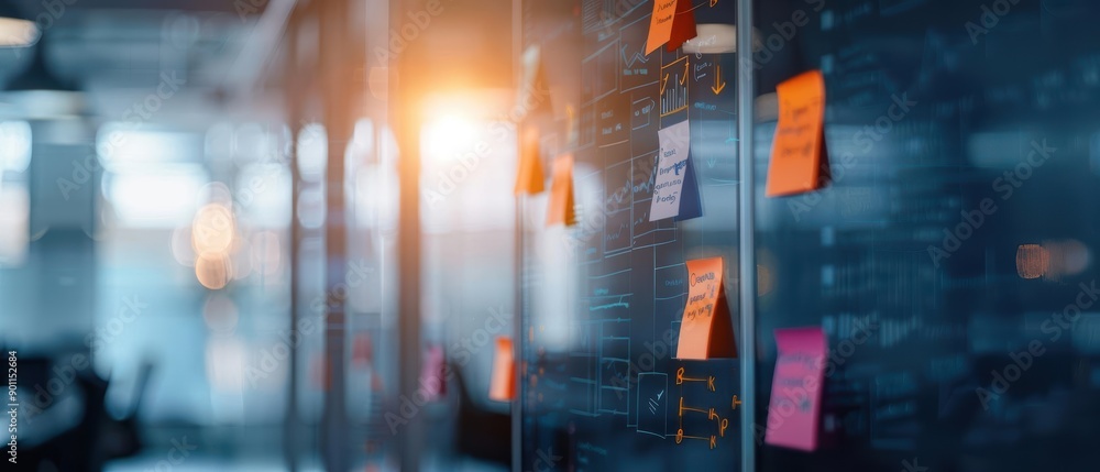 Fototapeta premium Closeup of a glass wall covered in colorful sticky notes, representing ideas and tasks.