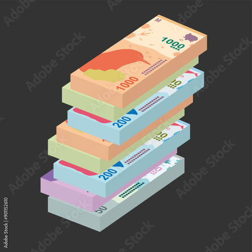 Argentine Peso Vector Illustration. Argentina money set bundle banknotes. Paper money 50, 100, 200, 500, 1000 ARS. Flat style. Isolated on white background. Simple minimal design.