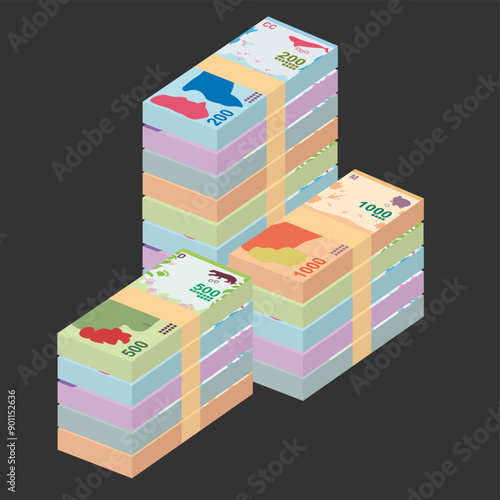 Argentine Peso Vector Illustration. Argentina money set bundle banknotes. Paper money 50, 100, 200, 500, 1000 ARS. Flat style. Isolated on white background. Simple minimal design.