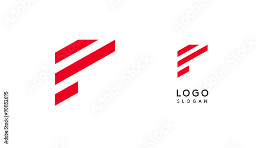 Abstract red geometric letter F with parallel lines. Stripes modern logotype concept, futuristic design for an innovative company, minimalist sporty and technological power style. Vector illustration
