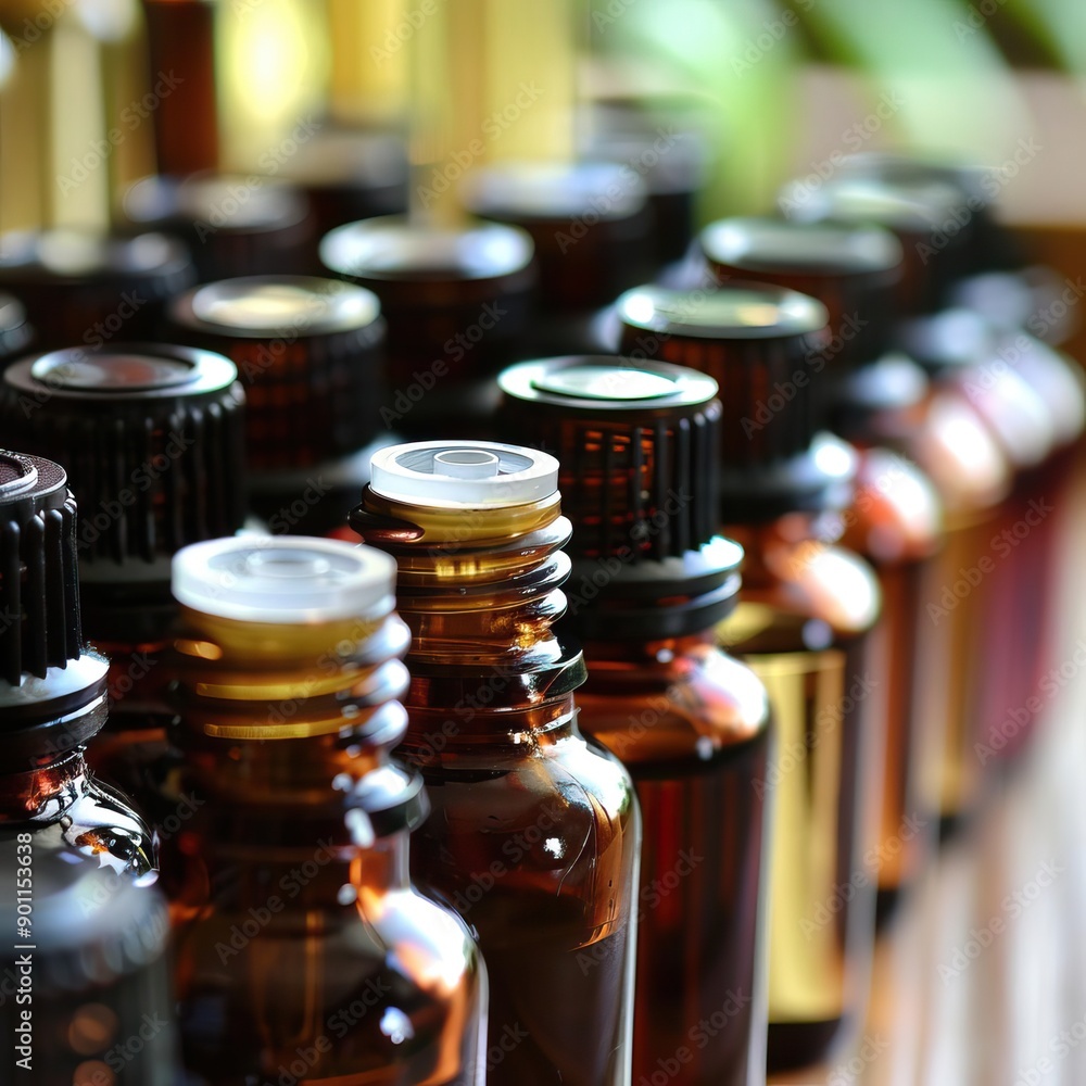Closeup of a variety of essential oil bottles. Closeup of a variety of essential oil bottles.