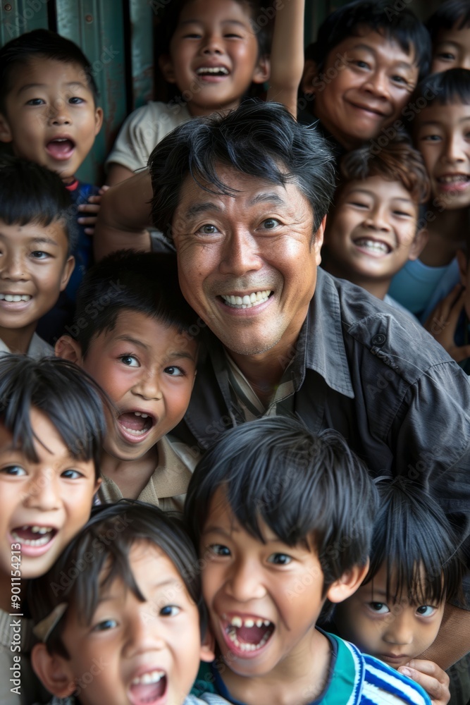 Portrait of an Asian philanthropist with children at a charity school, Generative AI Portrait of an Asian philanthropist with children at a charity school, Generative AI
