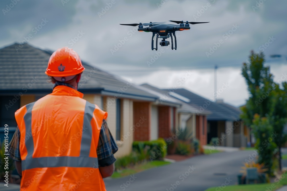Construction worker operating a drone in residential area. Person in safety gear controls UAV for surveying. Modern tech in construction and drone usage. Generative AI Construction worker operating a drone in residential area. Person in safety gear controls UAV for surveying. Modern tech in construction and drone usage. Generative AI
